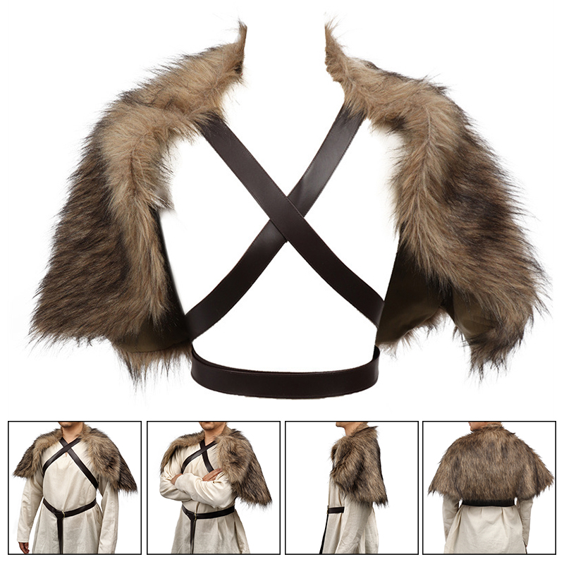Winter Clothing Accessories - عباءة الفايكنج بياقة من الفرو الصناعي،